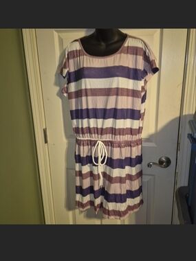 SHEIN White, Purple & Mauve Striped Drawstring Romper
